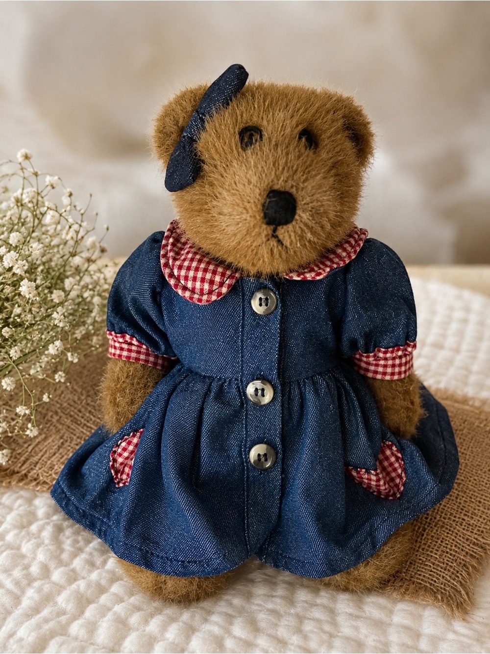 Vintage Boyds Bear in Blue Denim Dress with Red Gingham Trim